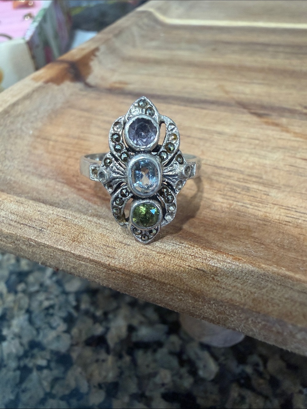Sterling Silver Multi-Gemstone Statement Ring - Green, Blue, Purple